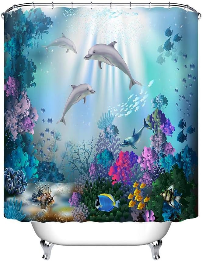 LB Dolphin Shower Curtain with Hook Waterproof Anti Mould Blue