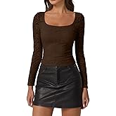 QINSEN Chic Floral Lace Crop Tops for Women Slimming Fit Long Sleeve Square Neck Going Out Basic Shirts