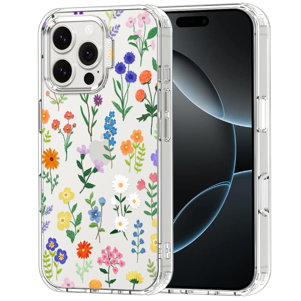 MOSNOVO Case for iPhone 16 Pro Max, [Buffertech 6.6ft Military-Grade Drop Protection] [Anti Peel Off Tech] Clear TPU Bumper Phone Case Cover Design - Botanical Floral