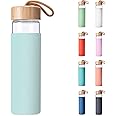 Yomious 20 Oz Borosilicate Glass Water Bottle with Bamboo Lid and Silicone Sleeve – Reusable BPA Free Drinking Bottle with Lids - Cute Bottle for Women - Glass Shaker Bottle (Purist Blue)