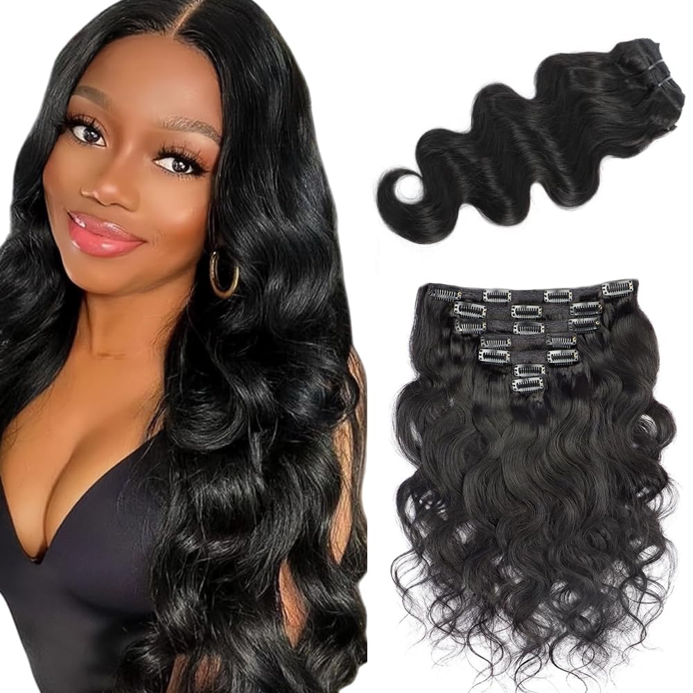 Photo 1 of #1B Body Wave Clip in Hair Extensions,30 Inch Soft Real Human Hair,Natural Black Body Wave Clip ins 120g 7pcs Per,Brazilian Double Weft Remy Human Hair Extensions.