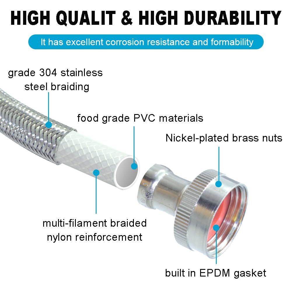 TT FLEX UPC Approved Flexible Stainless Steel Braided Washing Machine Inlet Hose 3/4