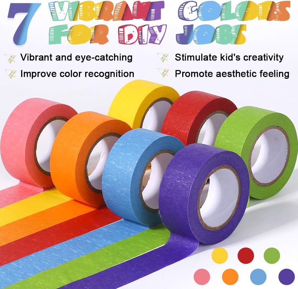 Colored Masking Tape, Arts Painters Tape with Rainbow Colors for Kids Craft Paper Tape Decorative Colorful Teacher Tape for DIY Labeling Coding School Projects 7 Rolls, 1 Inch x 42.6ft