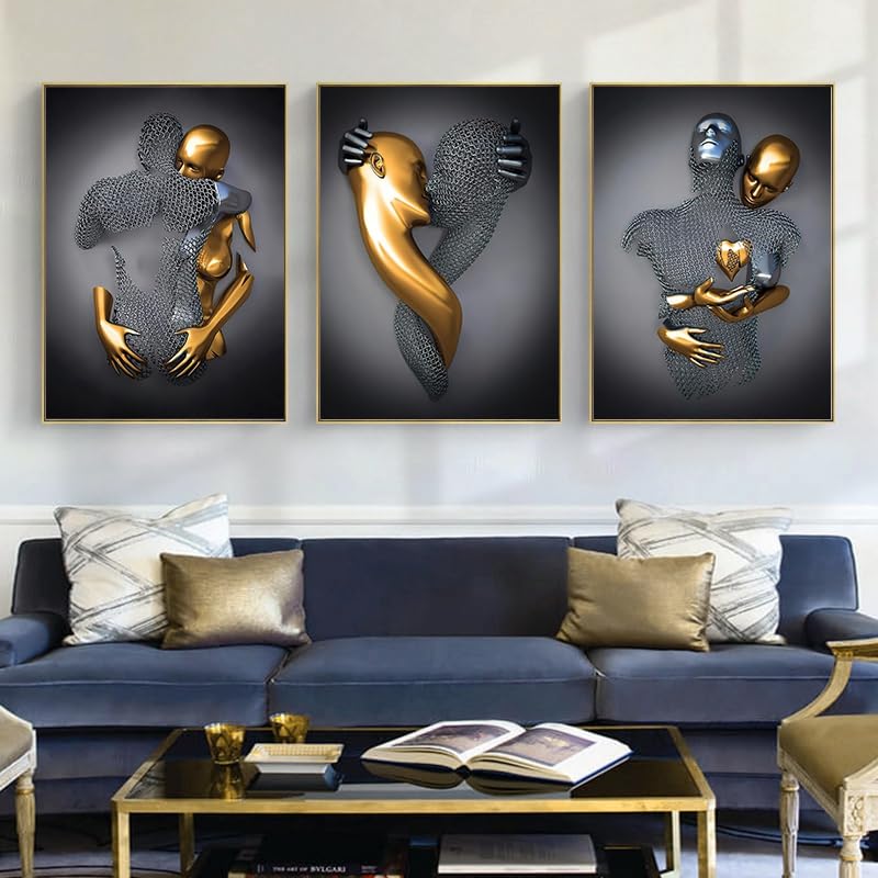 LPFNSF Modern Decorative Painting of Metal 3D, Romantic Art, Embracing Sculpture Decoration Poster, Bedroom, Living Room, Wall Printed Poster of the Main Background, Frameless. (D 4, 40x60cm*3)