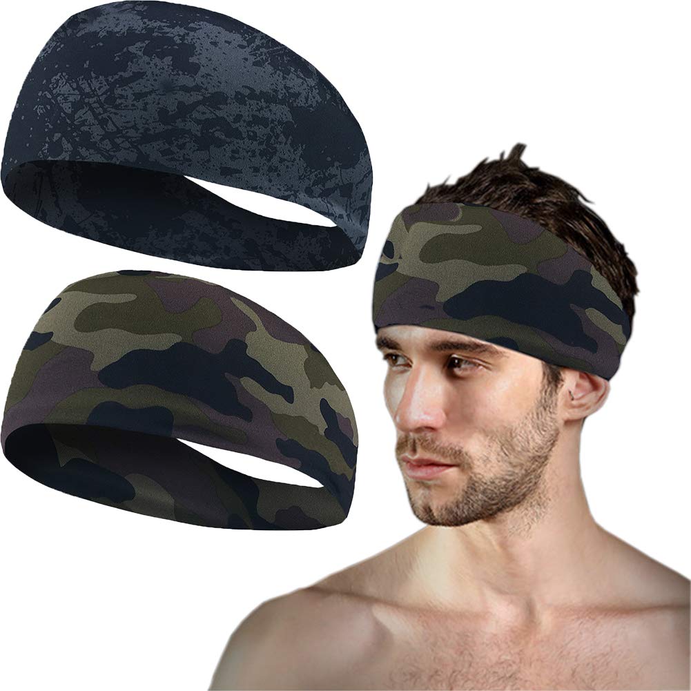 Mens Headband (2 Packs) Mens Sweatband & Sports Headband for Running, Cycling, Yoga, Basketball - Stretchy Moisture Wicking Unisex Hairband