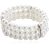 Peasimy 3 Rows Faux Pearls Bracelet for Women Vintage Multi-Layered Rhinestone Pearl Stretch Bracelet Bridal Wedding Jewelry