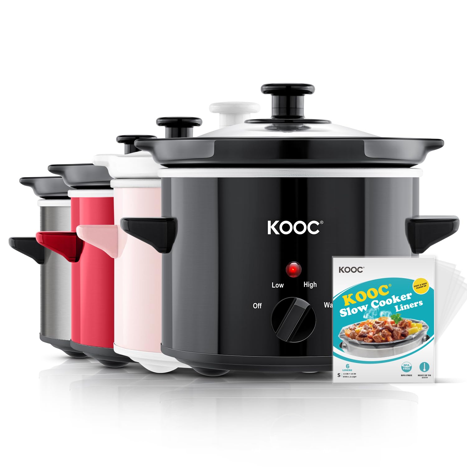 KOOC Small Slow Cooker, 2-Quart, Free Liners Included for Easy Clean-up, Upgraded Ceramic Pot, Adjustable Temp, Nutrient Loss Reduction, Stainless Steel, Black, Round… Image