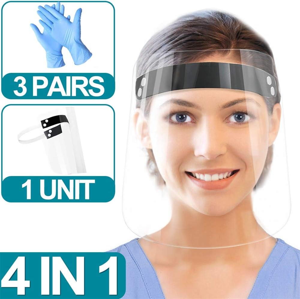 Protective Cap Removable Safety Face Shield Visor Mask and Gloves Full Face Shield Anti-saliva,Anti-Spitting 4 in 1 pack