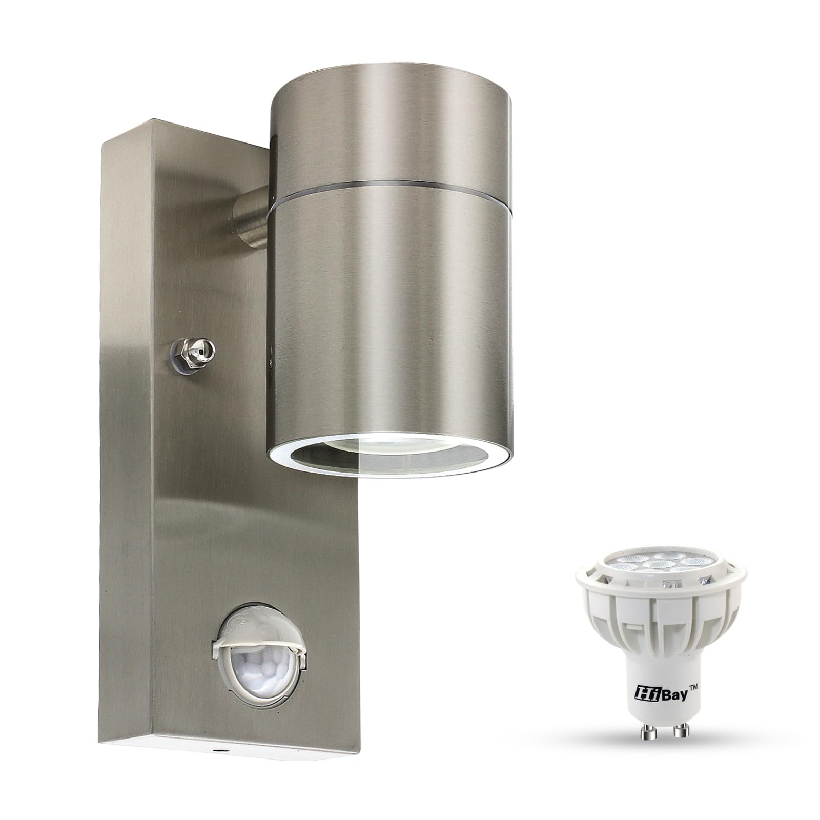HiBay 1x Outdoor Wall Lights Motion Sensor,Outside Light with PIR Sensor Mains Powered, Stainless Steel Security Lighting IP44 with 7W GU10 LED Warm White Bulb