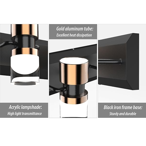 PHIXART LED BATHROOM VANITY LIGHT FIXTURES, 2 LIGHT BLACK AND GOLD WALL SCONCES LIGHTING, MODERN BATHROOM LIGHT FIXTURES, LED WALL LAMP FOR MIRROR LIVING ROOM BEDROOM DRESSING TABLE BAR
