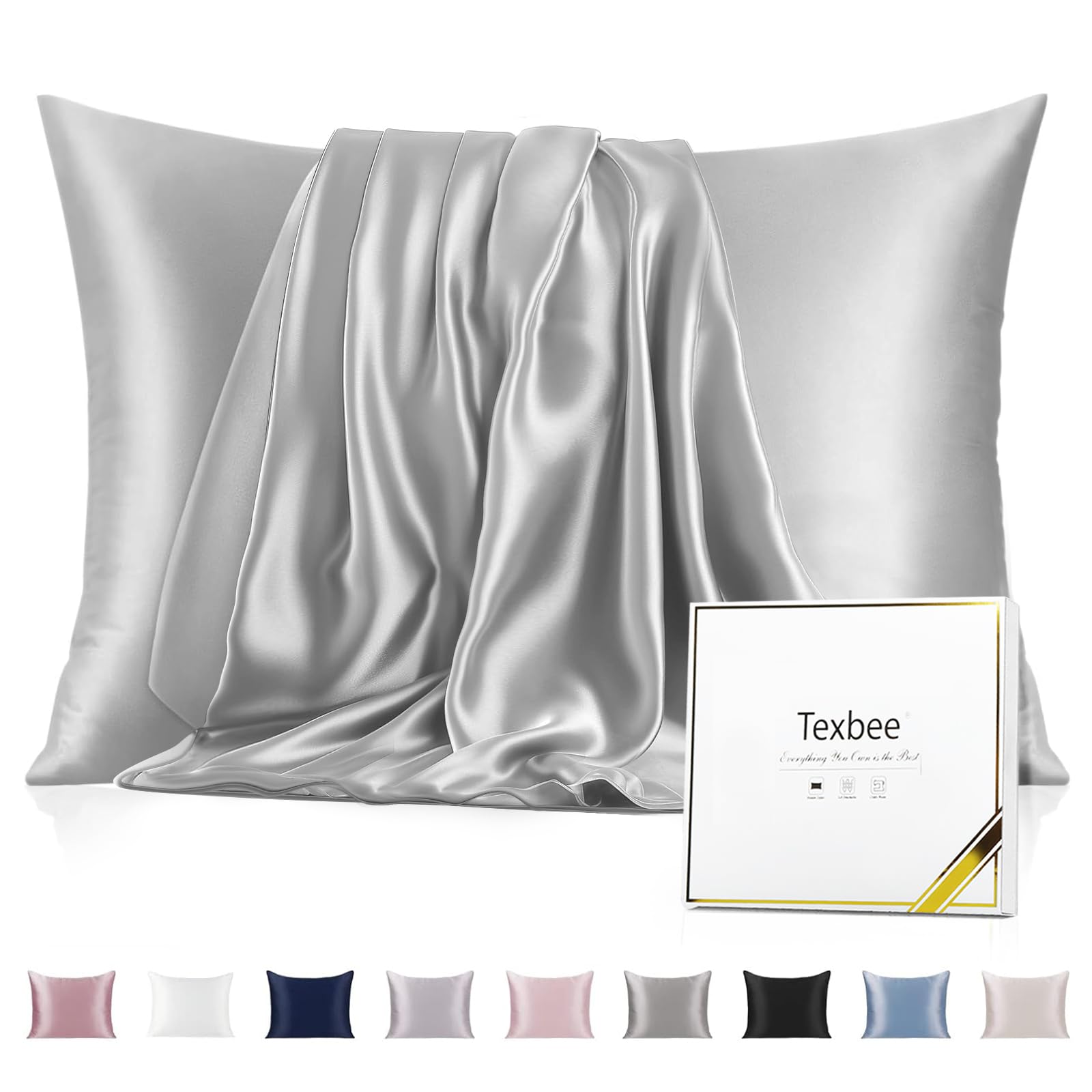 Texbee 100% Mulberry Silk Pillowcase for Hair and Skin with Hidden Zipper, Both Side 23 Momme Silk, King Size 1 Pack Gifts for Women Men (50x90CM, Dark Grey)