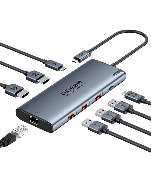 QGeeM USB C Hub,8 in 1 Extender Splitter with Single 8K,Dual 4K@60Hz HDMI,Multiport USB C to Ethernet Adapter for Type C Device,USB A 10Gbps Data,PD100W-M1/M2 only 1 Display