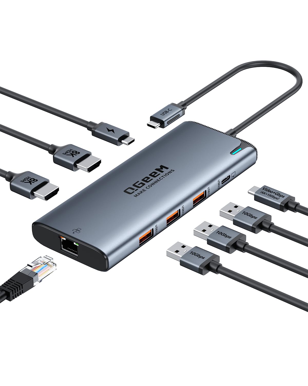 Photo 1 of QGeeM USB C Hub,8 in 1 Extender Splitter with Single 8K,Dual 4K@60Hz HDMI,Multiport USB C to Ethernet Adapter for Type C Device,USB A 10Gbps Data,PD100W-M1/M2 only 1 Display