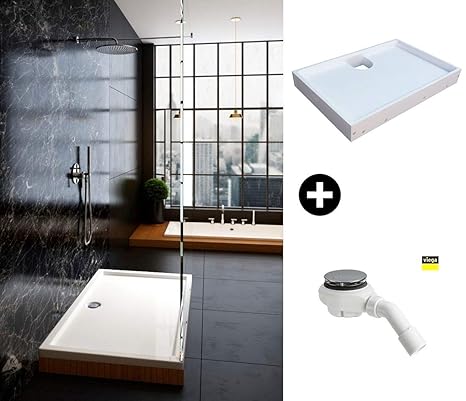 Galdem Duschwannen Set 110x80x4cm Komplett SET mit Duschwannenträger und Viega Ablaufgarnitur Rechteck Eckig Flach Wanne Hoch