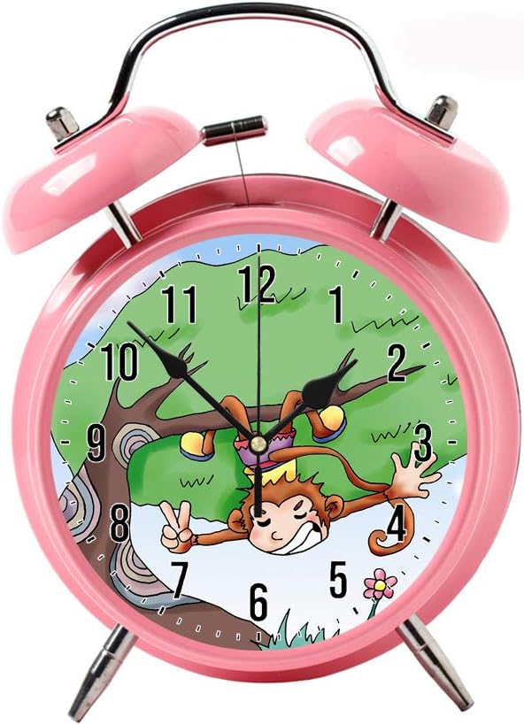 WYFC 5 Colour Alarm Clock for Bedrooms Twin Bell Silent Desk Alarm Clock Loud Kids Cute Silent Movement Alarm Clock for Kids Pink Clock Monkey on The Tree