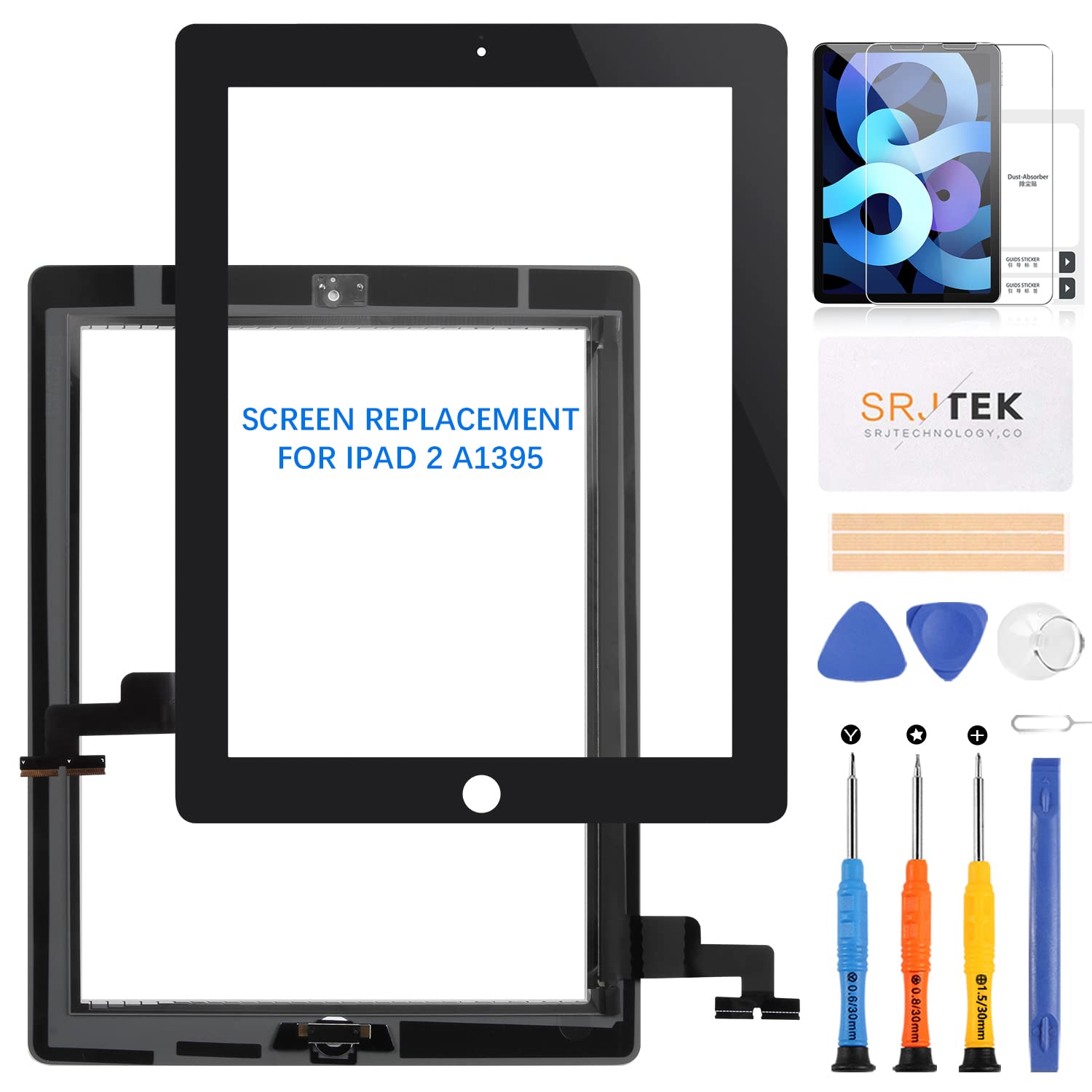 For IPad 2 Touch Screen Digitizer Glass Replacement,For iPad 2 2nd Gen A1395 A1396 A1397 Touch Display Panel Repair Parts Kit,with Tempered Glass+Tools+Home Button(Not include LCD) (Black)