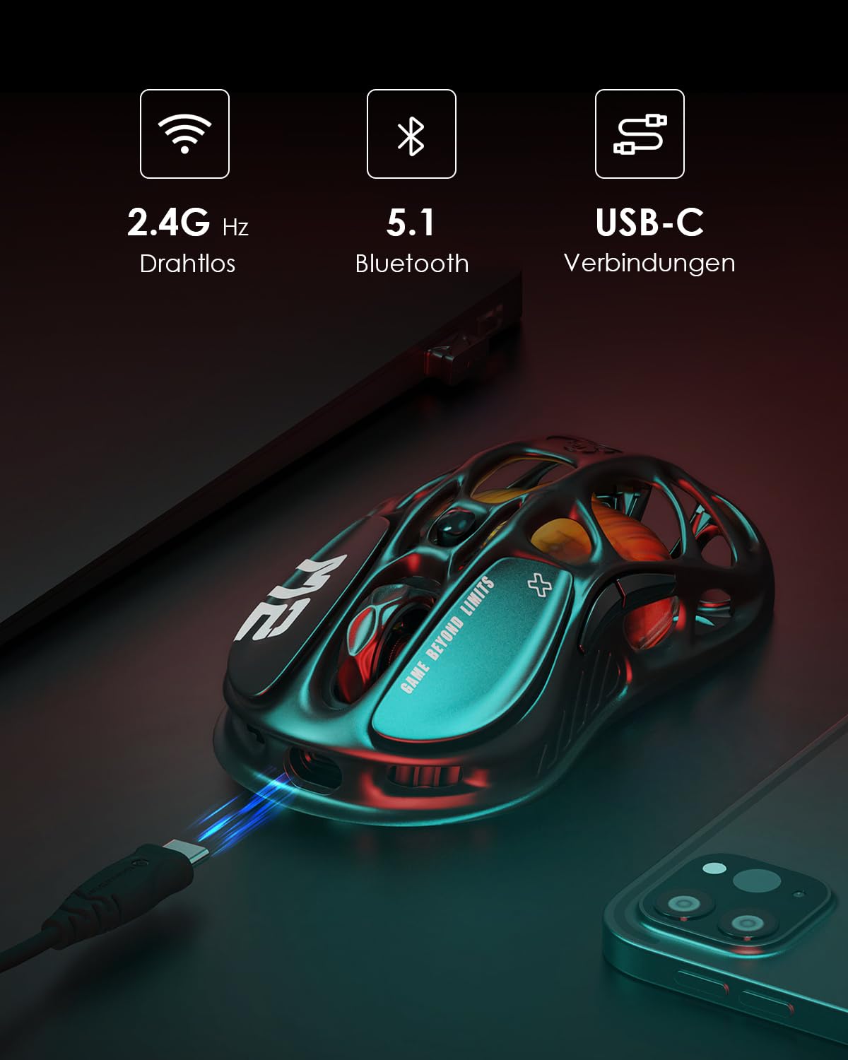 GravaStar Mercury M2 Gaming Maus Kabellos mit 26.000 DPI, PAW3395 DM Sensor, 79 g Ultraleicht, 5 RGB-Modi, 5 programmierbare Tasten, Tri-Mode (2,4 GHz/Bluetooth/Kabel), für PC/Mac – Schwarz 5