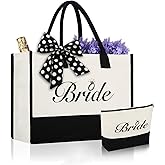 butarfe Bride Canvas Tote Bag with Makeup Bag, Black and White Personalized Bridal Shower Gift Bag Large Wedding Gift Bags for Bachelorette Party Engagement Honeymoon, Miss to Mrs, Bride to Be Gifts