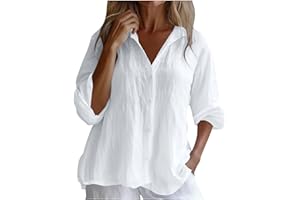 Cotton Linen Button Down Shirt Henley Tops for Women Long Sleeve Collared Blouses Lightweight Spring Summer Beach Tops
