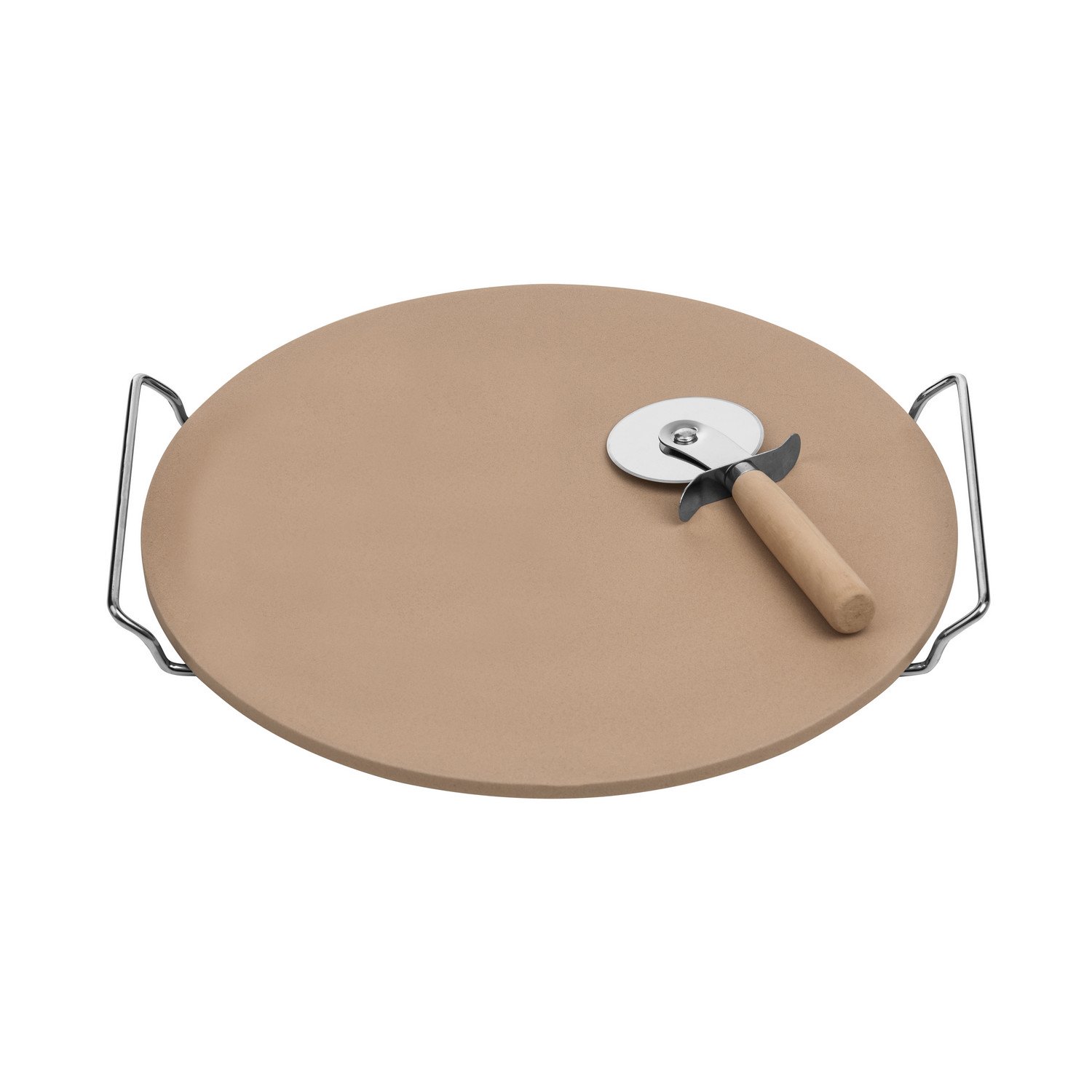 Premier Housewares Pizza Stone and Cutter Set with Stoneware Board/Chrome Stand, Natural, 4 x 35 x 33 cm, Set of 2