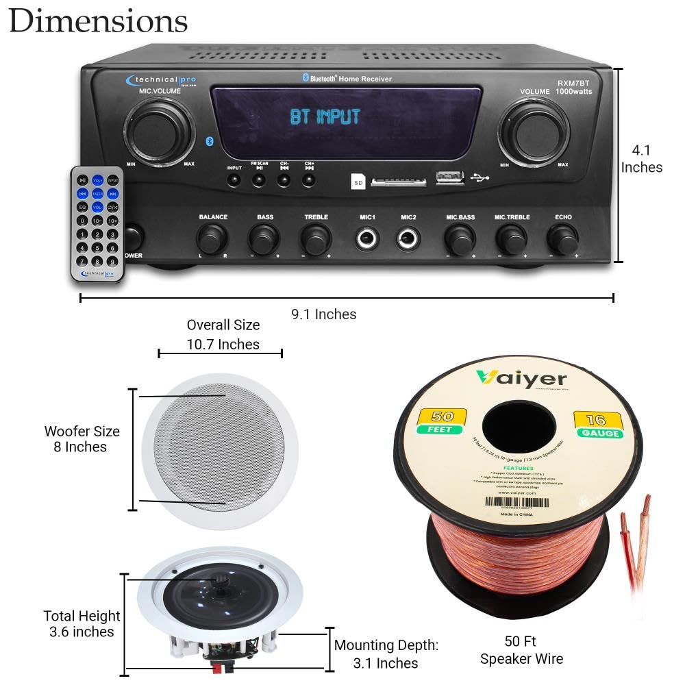 Home Theater Sound System Kit - 1000 Watts Bluetooth Amplifier w/ 4 QTY of 8