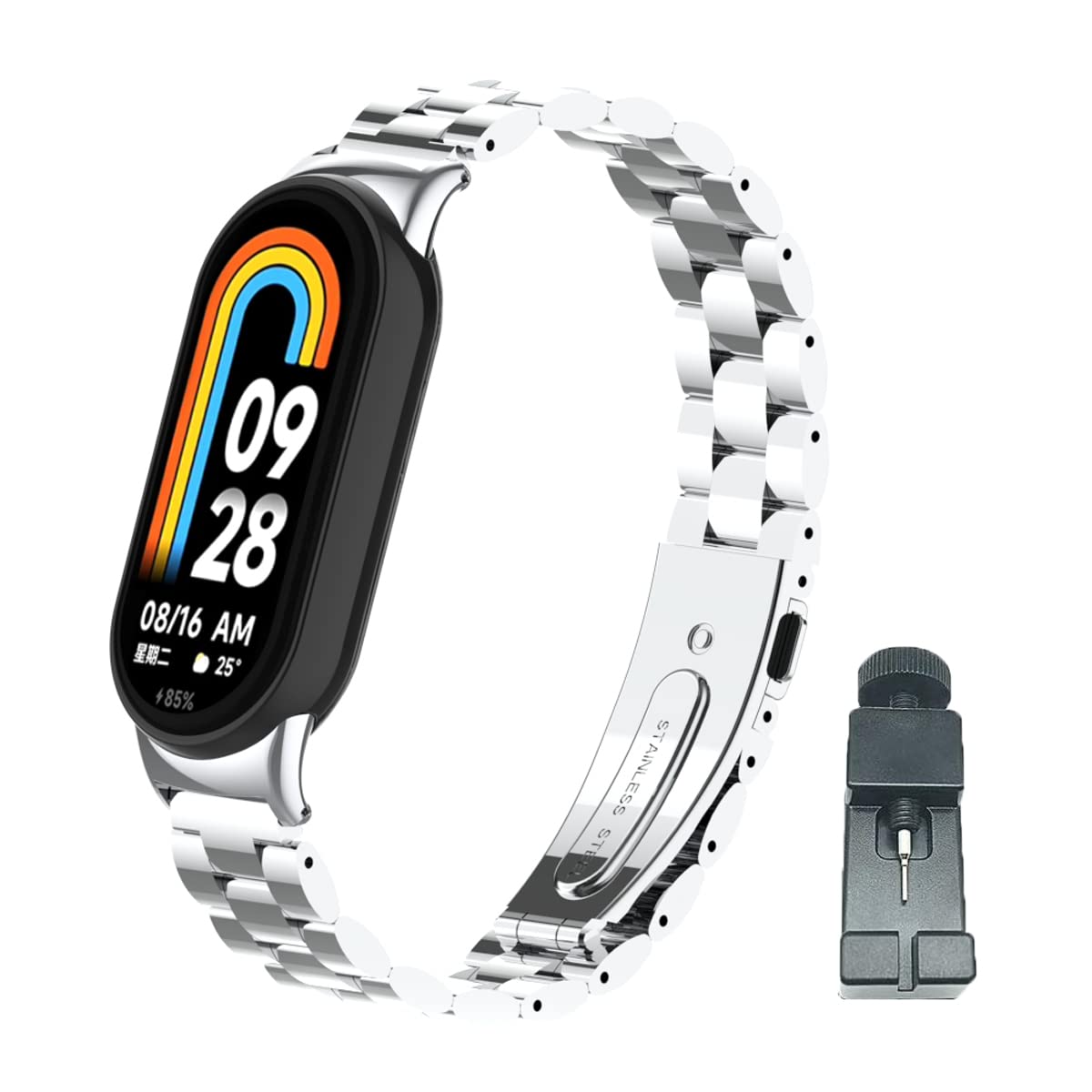 T-BLUER Compatible for Xiaomi Mi Smart Band 8 Strap,Mi Band 8 Stainless Steel Metal Replacement Band Bracelet Wristband Accessories for Xiaomi Smart Band 8 Silver