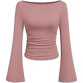 TITOMD Women's Bell Long Sleeve Shirts 2026 Spring Boat Neck Crop Going Out Trendy Tops Ribbed Ruched Y2K Clothes