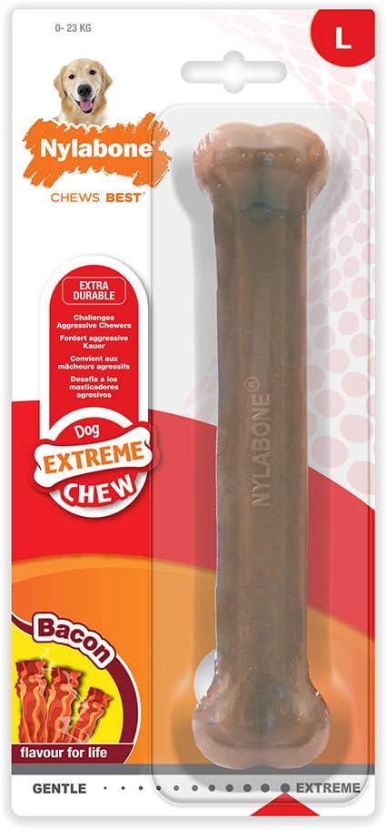 Nylabone Dura Chew Extreme Tough Dog Chew Toy Bone, Bacon Flavour, L, for Dogs Up to 23 kg,Brown, Large