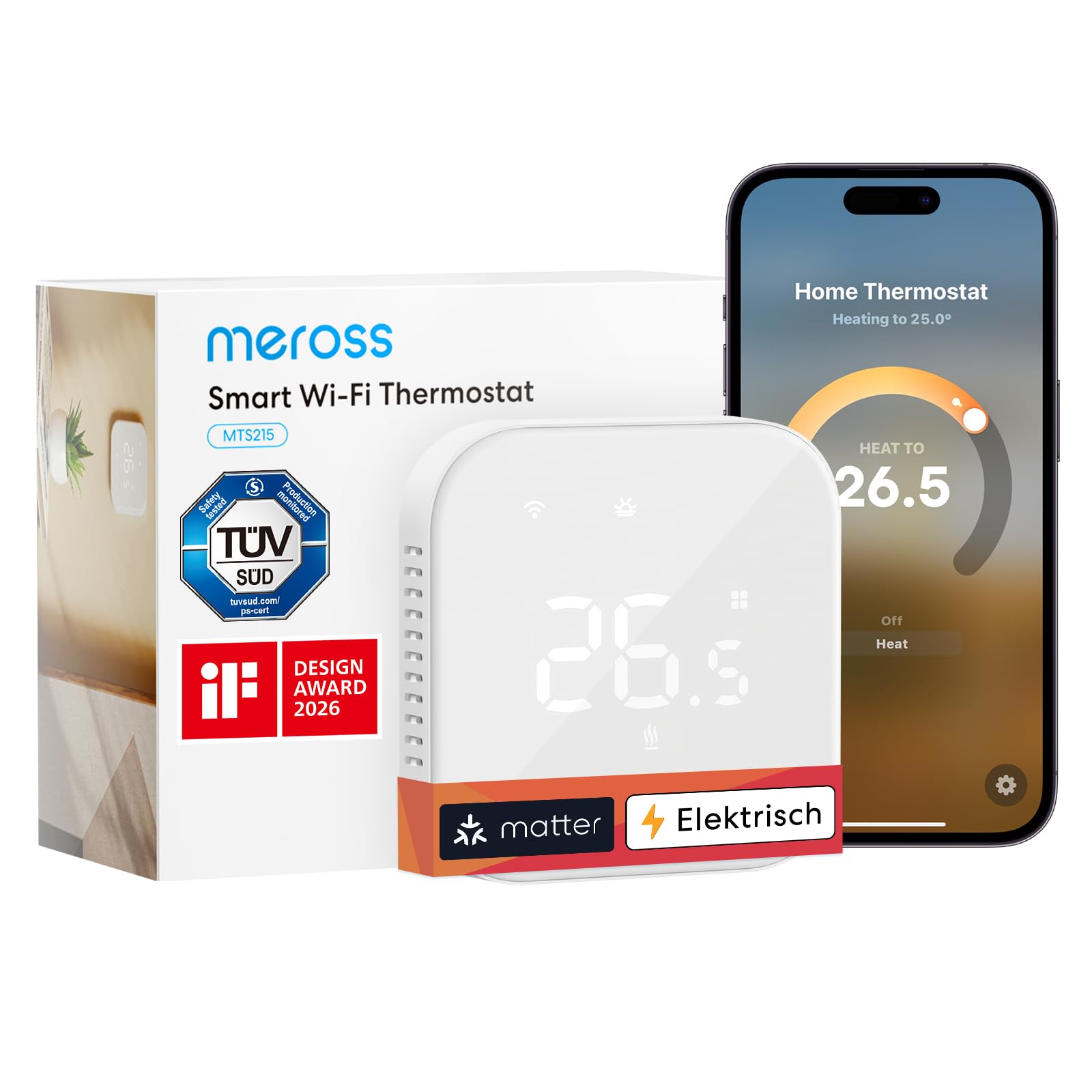 Meross Thermostat Matter Elektrische Heizungsthermostat WLAN Thermostat Heizung Smart Raumthermostat kompatibel mit Apple HomeKit, Home Assistant, Alexa und Google, Sprachsteuerung und Zeitplan