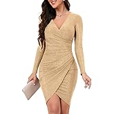 ihot Women's Glitter Party Dresses Sexy V Neck Long Sleeve Faux Wrap Ruched Bodycon Sparkly Night Club Dress