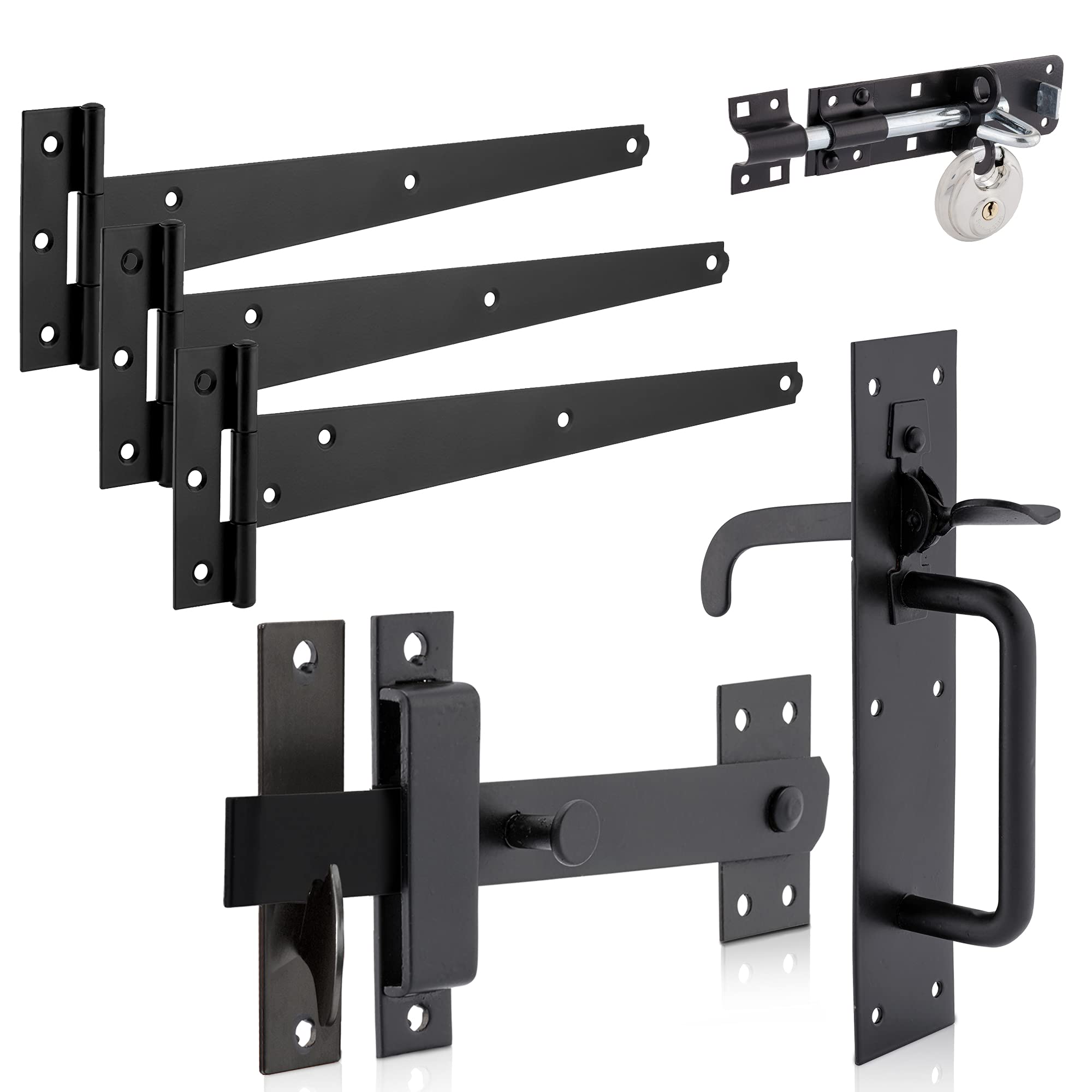 XFORT Suffolk Gate Latch Pack Black Complete with Three T Hinges (300mm), One Brenton Bolt (6 inch) and One Discus Padlock (60mm), Gate Kit for Hanging Garden Door, Gate Fitting Kit
