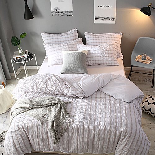 Lausonhouse Cotton Duvet Cover Set,100% Cotton Woven Seersucker Stripe Duvet Cover Set,3 Pieces Bedding Set - Queen - Linen