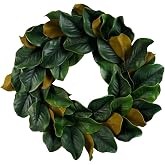 Serene Spaces Living Artificial Magnolia Leaf Garland and Wreath, Ideal to Hang at Wedding, Store Display, Window Sill, Fall Decor, Holiday D&eacute;cor (24" Green &amp; Brown Magnolia Wreath)