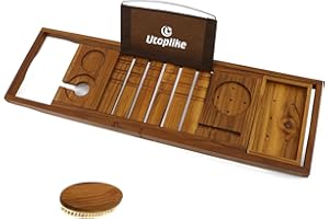 Utoplike Teak Bathtub Caddy Tray Bath Tray for Tub, Unique Bathtub Organizer with Book Tablet Wine Glass Cup Towel Holder, Ad