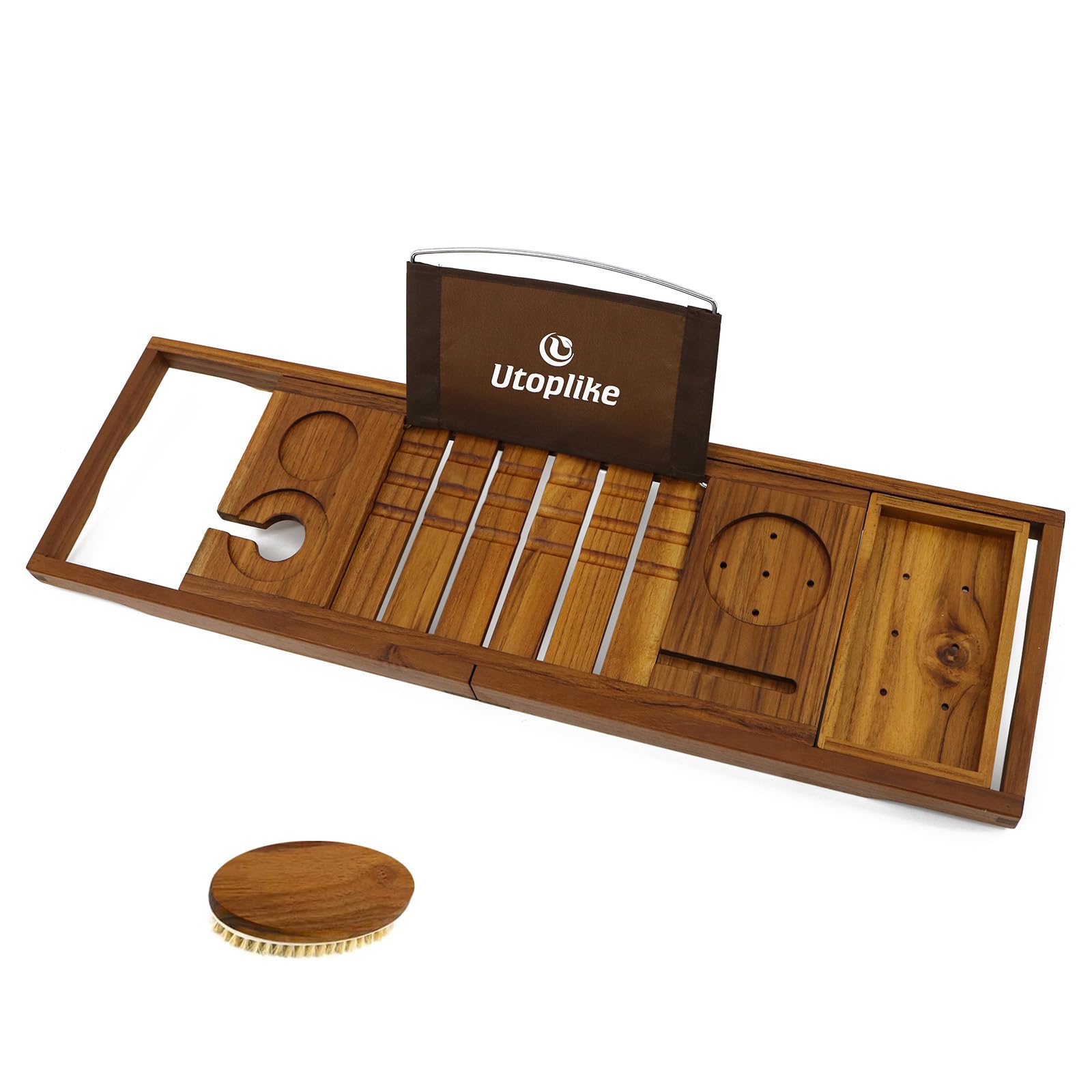 Utoplike Teak Wood Bath Trays Bathroom Bath Caddy Bridge, Unique Bathtub Organizer with Book Tablet Wine Glass Cup Towel Holder, Adjustable, Bath Tub Rack Bathroom Shelf for Your Loved