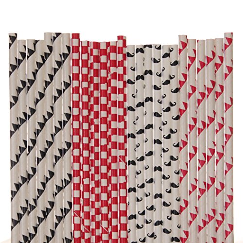 Mustache Paper Straw Mix - Red, Black, White - Pennant Banners, Checkerboard, Mustache (50)