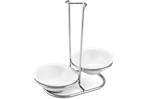 QWORK Standing Spoon Rest, Ceramic Cutlery Stand Upright Spoon Rack with Silver Stainless Steel Rack and Drip Tray for Stovet