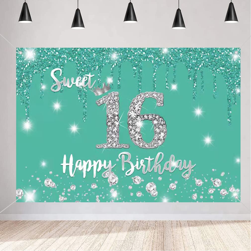 Happy 16th Birthday Decoration Backdrop Banner for Girls Happy 16 Years Old Fabric Sign Poster, Turquoise Photography Background 16th Birthday Party Supplies, 150cm x 90cm