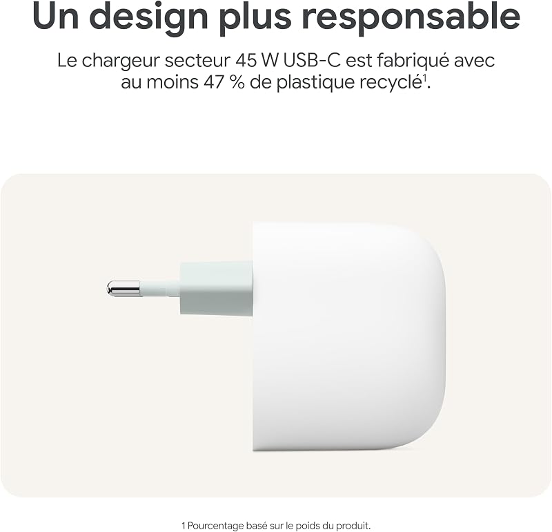 Chargeur Secteur Google 45 W USB-C – Chargeur pour téléphone Pixel à Recharge Rapide – Compatible avec Les Produits Made by Google et d'autres appareils USB-C® – Neige