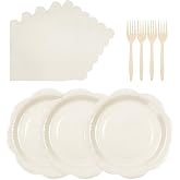 75 Pcs Ivory Scalloped Plates Napkins and Forks Set, 7 Inch, Serves 25 | Cream Disposable Tableware Set for Wedding, Bridal Shower, Baby Shower, Birthday, Tea Party and Elegant Events