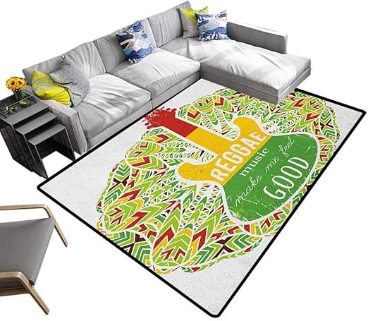 Amazon Com Home Decor Carpet Rasta Contemporary Painting Art Rug Reggae Music Makes Me Feel Good Quote Jamaican Island Culture Iconic Guitar For Living Room Nursery Green Yellow And Red 6 5 X 10