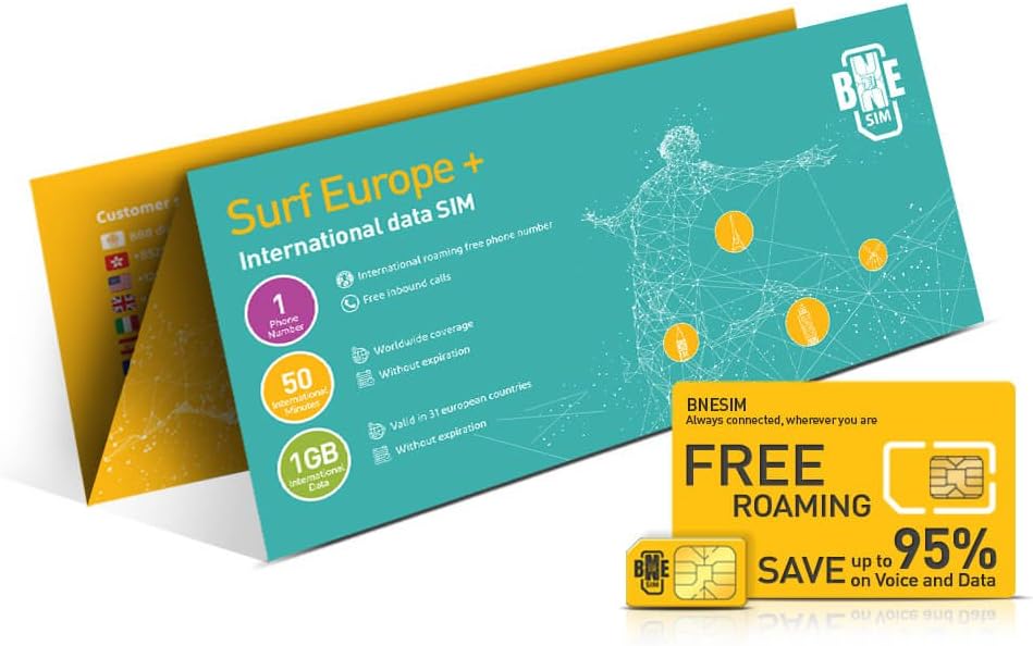 BNESIM Surf Europe Plus: 1GB 4G/LTE/3G Internet in Europe and 50 minutes of international calls (no expiration!)