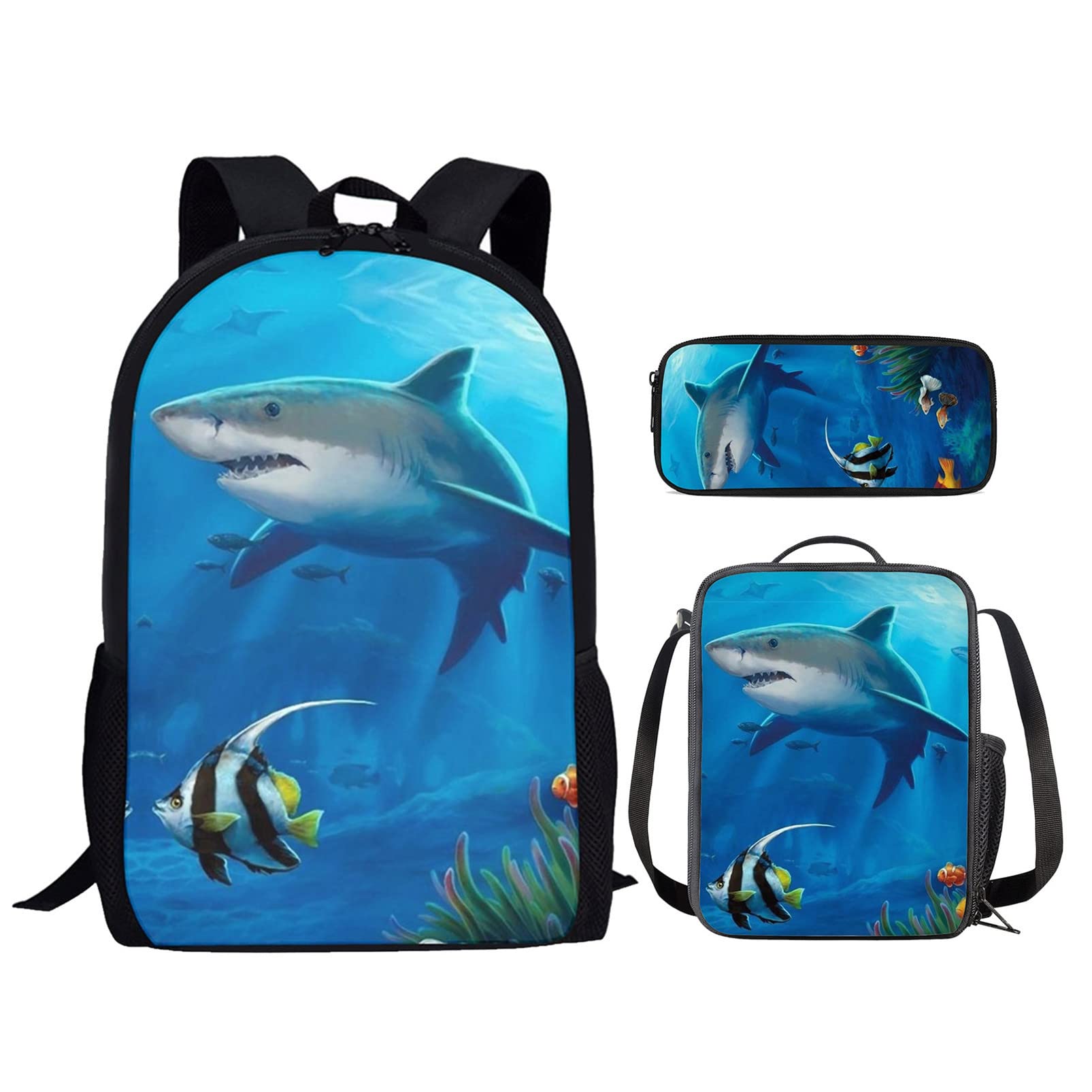 HUIACONG Small Boys Backpack Ocean Shark Rucksack and Lunch Box for Kids,Children Primary School Bags Set with Lunch Bag Pencil Case,17 inch Schoolbag