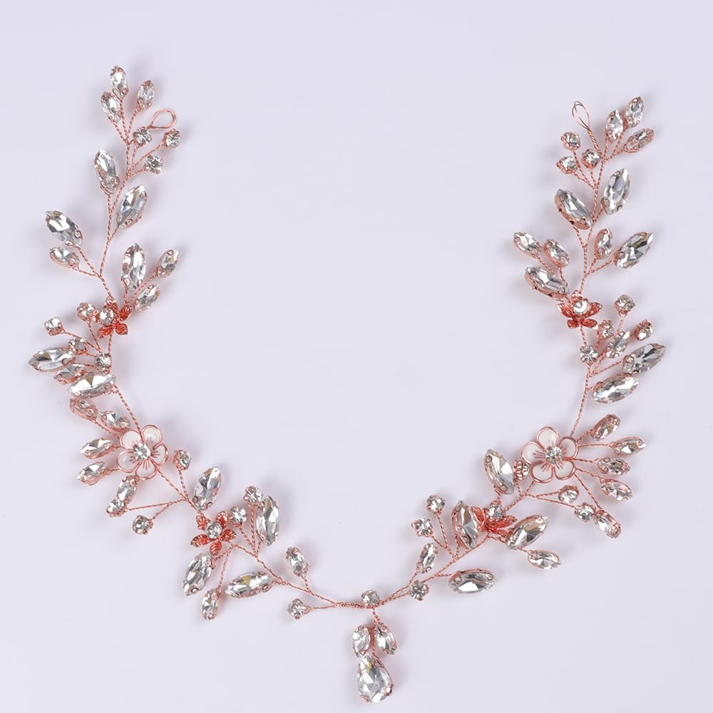 BERYUAN Women Girls Flower Crystal Rhinestone Hair Vine Rose Gold Wedding Headpiece Teardrop Crystal Rhinestone Bridal Headpiece Handmade Wedding Hairpiece for Women Girls (ROSE GOLD)
