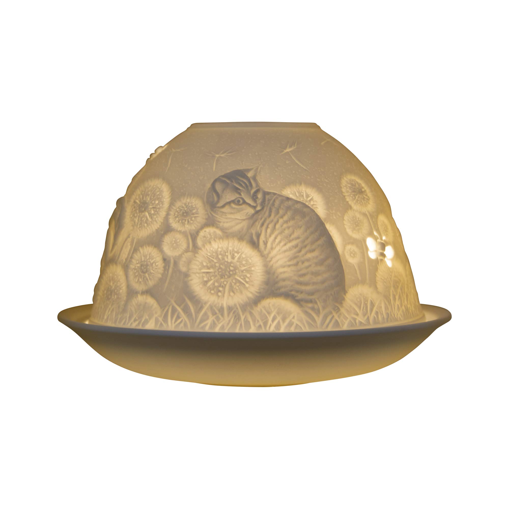 Nordic Lights Stencil Cat Porcelain Tealight Holder Dome | Candle Holder Projecting 3D Image Use With Scented Candle, LED Light | Perfect Living Room Decor Lights | Shade & Plate Set with Gift Box