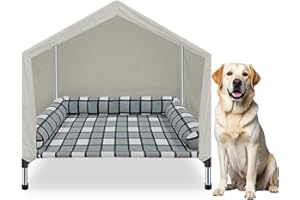 Elevated Dog Pet Bed House - Weatherproof 2-in-1 Indoor Outdoor Pet Cot with Canopy & Bolster Cooling Portable Raised Dog Bed