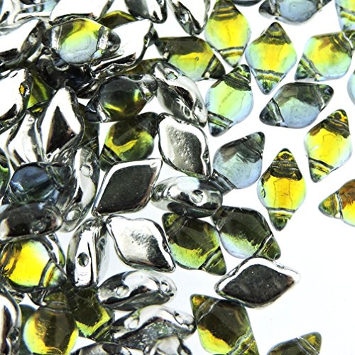Czech Glass GemDuo Beads, 2-Hole Diamond Shaped Beads 5x8mm, 10 Grams, Backlit Uranium