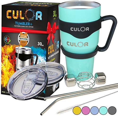 [UPGRADED] Teal CULOR 30oz Stainless Steel Tumbler w/ 10 RARE Addons: a Handle,2 Straws,Brush,2 Thinner Spill-Proof Lids,a Protein Shaker Ball AND 2 Un-Melting Ice Cubes comes in a Premium Present Box
