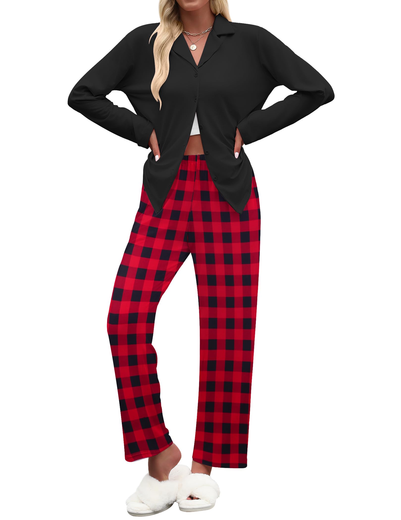Ekouaer Women's Pajamas Sets Button Down Long