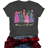 Christmas Shirts for Women Merry and Bright Shirt Xmas Tree Graphic Tee Christmas Short Sleeve Holiday Tops